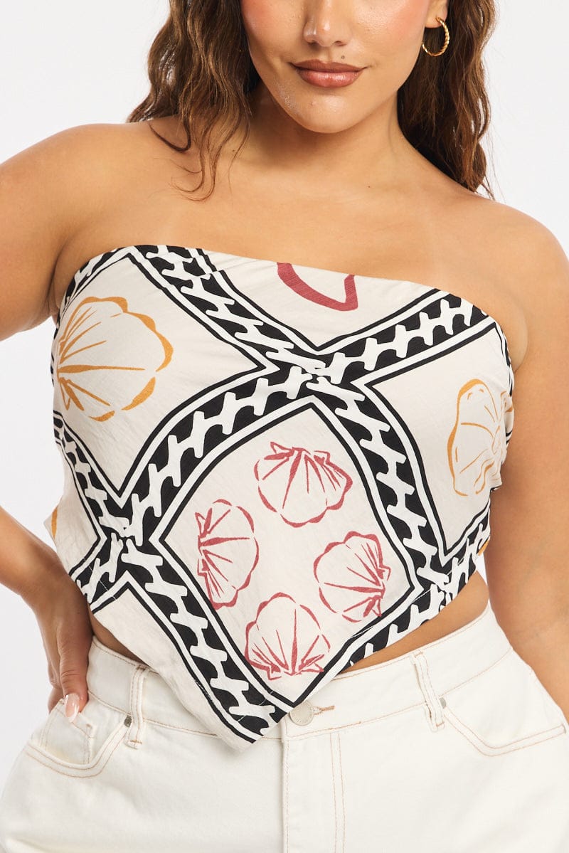 Beige Abstract Scarf Top Sleeveless Tie Back for YouandAll Fashion