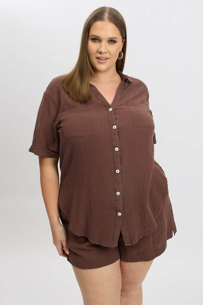 Brown Relaxed Shirt Short Sleeve Pocket for YouandAll Fashion