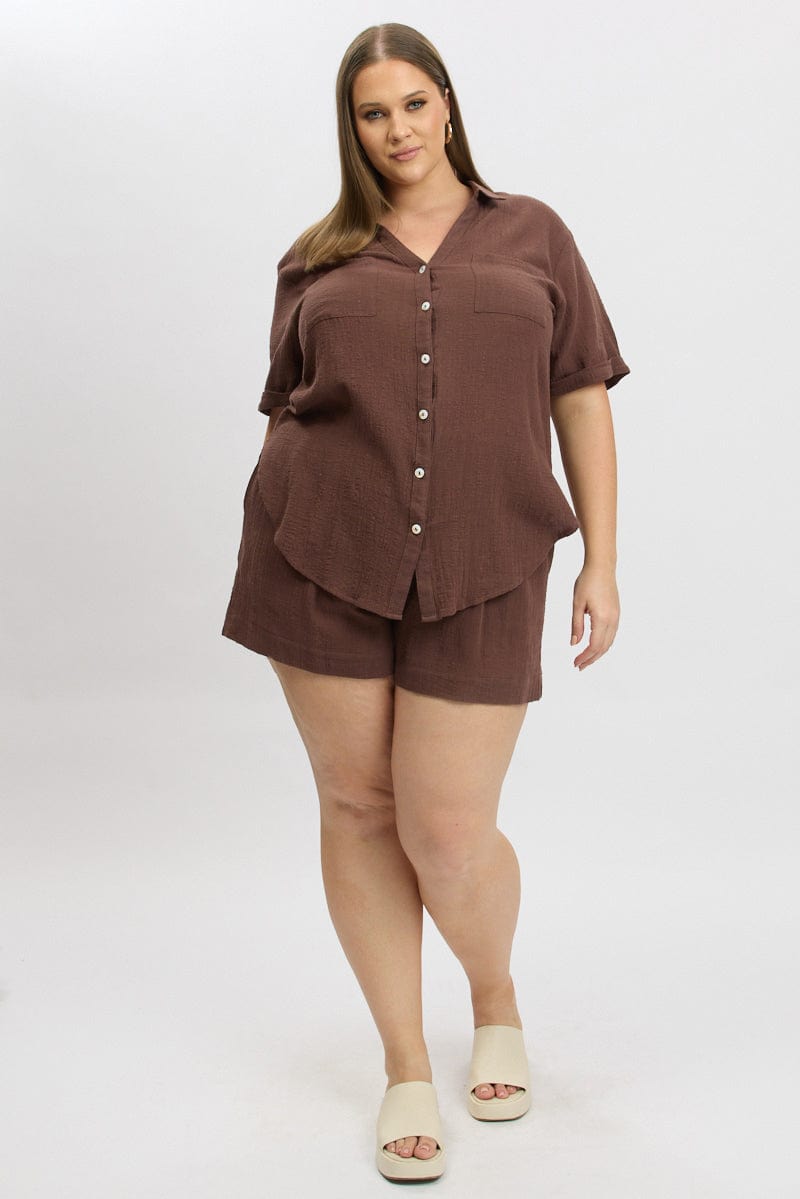 Brown Relaxed Shirt Short Sleeve Pocket for YouandAll Fashion