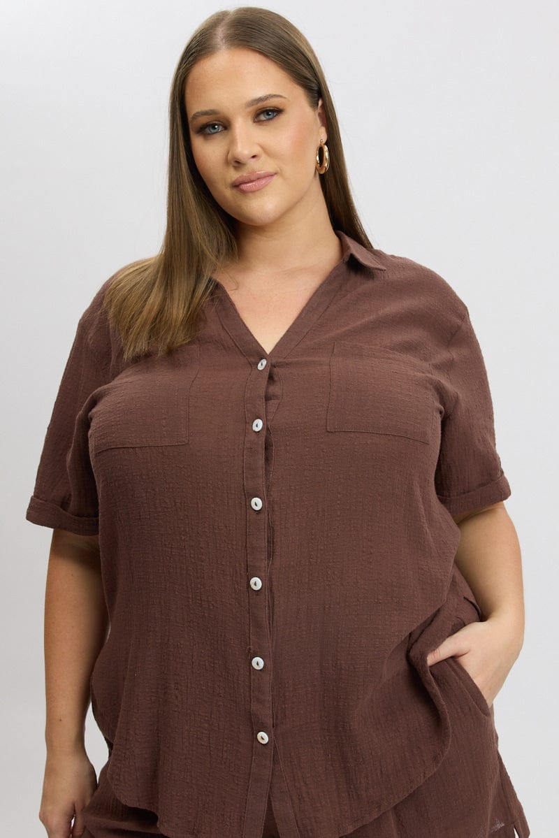 Brown Relaxed Shirt Short Sleeve Pocket for YouandAll Fashion