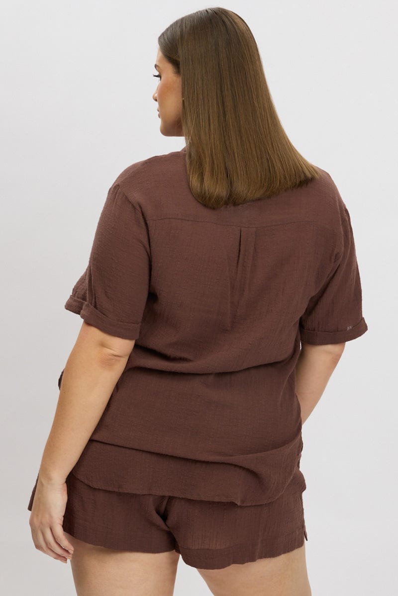 Brown Relaxed Shirt Short Sleeve Pocket for YouandAll Fashion