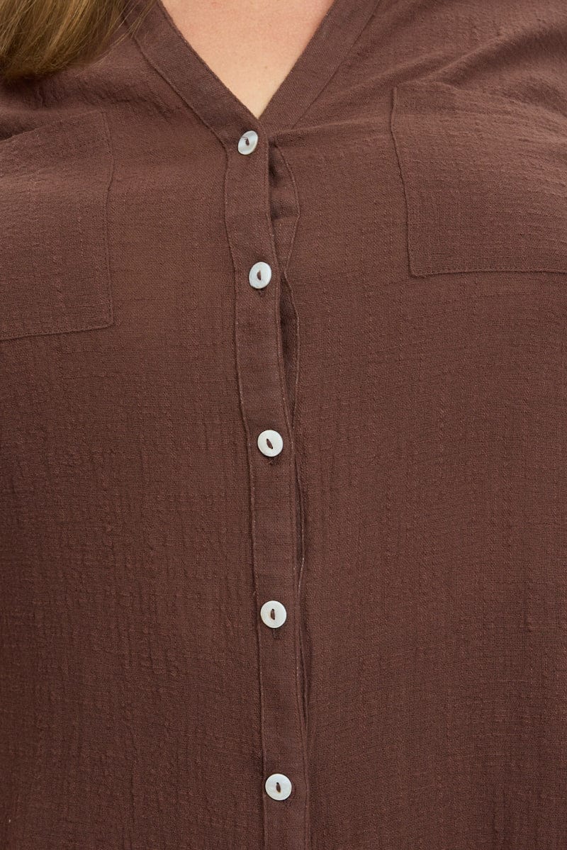 Brown Relaxed Shirt Short Sleeve Pocket for YouandAll Fashion