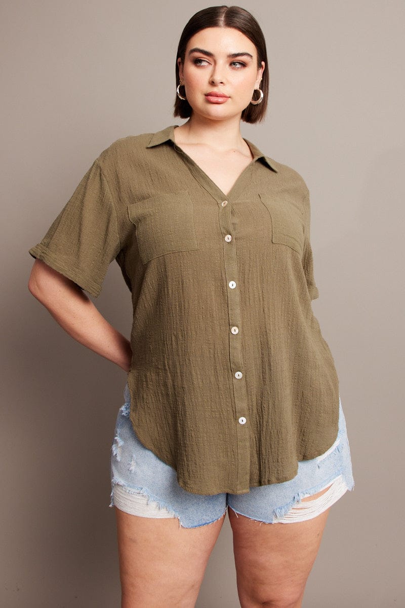 Green Relaxed Shirt Short Sleeve Pocket for YouandAll Fashion