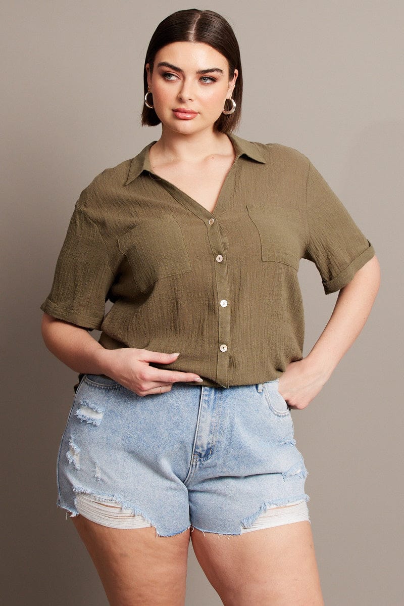 Green Relaxed Shirt Short Sleeve Pocket for YouandAll Fashion