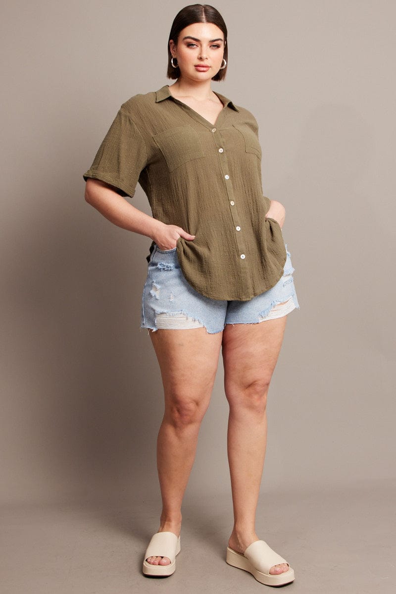 Green Relaxed Shirt Short Sleeve Pocket for YouandAll Fashion