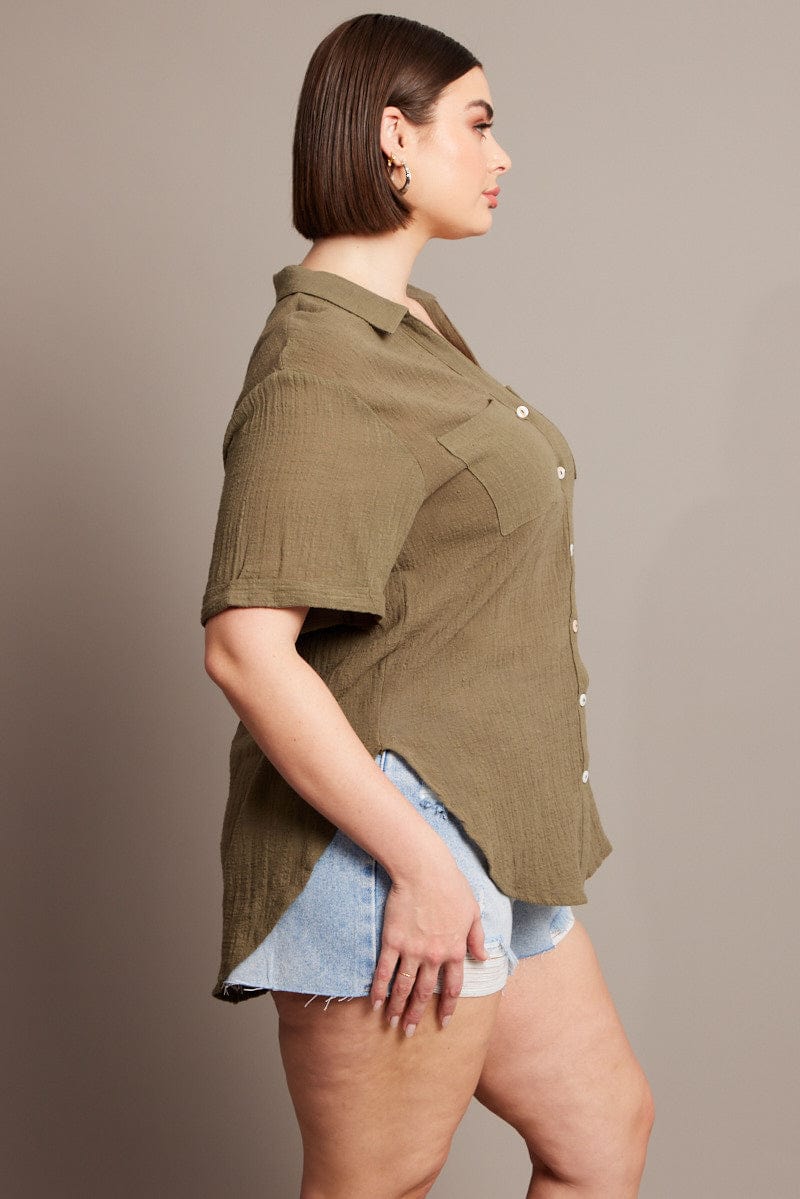 Green Relaxed Shirt Short Sleeve Pocket for YouandAll Fashion