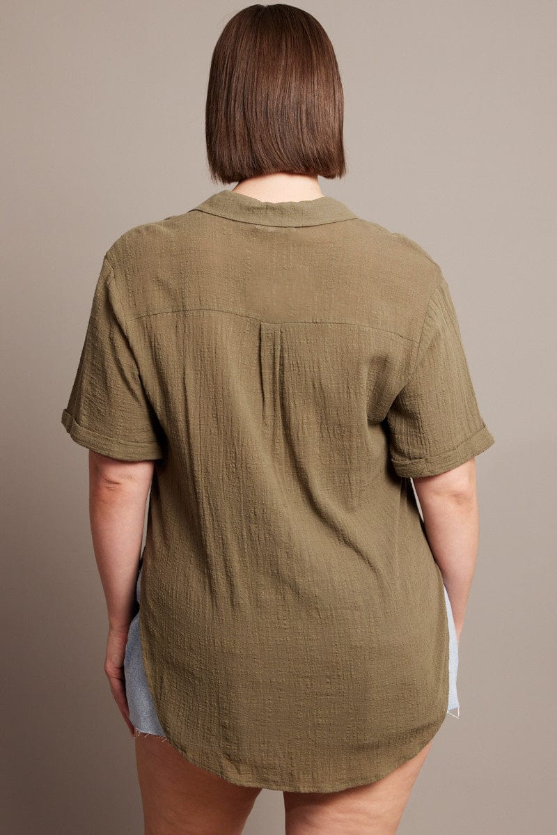 Green Relaxed Shirt Short Sleeve Pocket for YouandAll Fashion