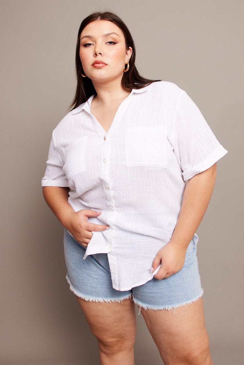 White Relaxed Shirt Short Sleeve Pocket for YouandAll Fashion