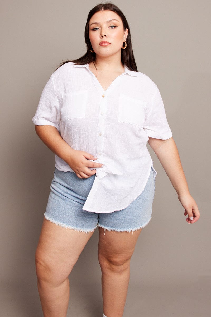 White Relaxed Shirt Short Sleeve Pocket for YouandAll Fashion