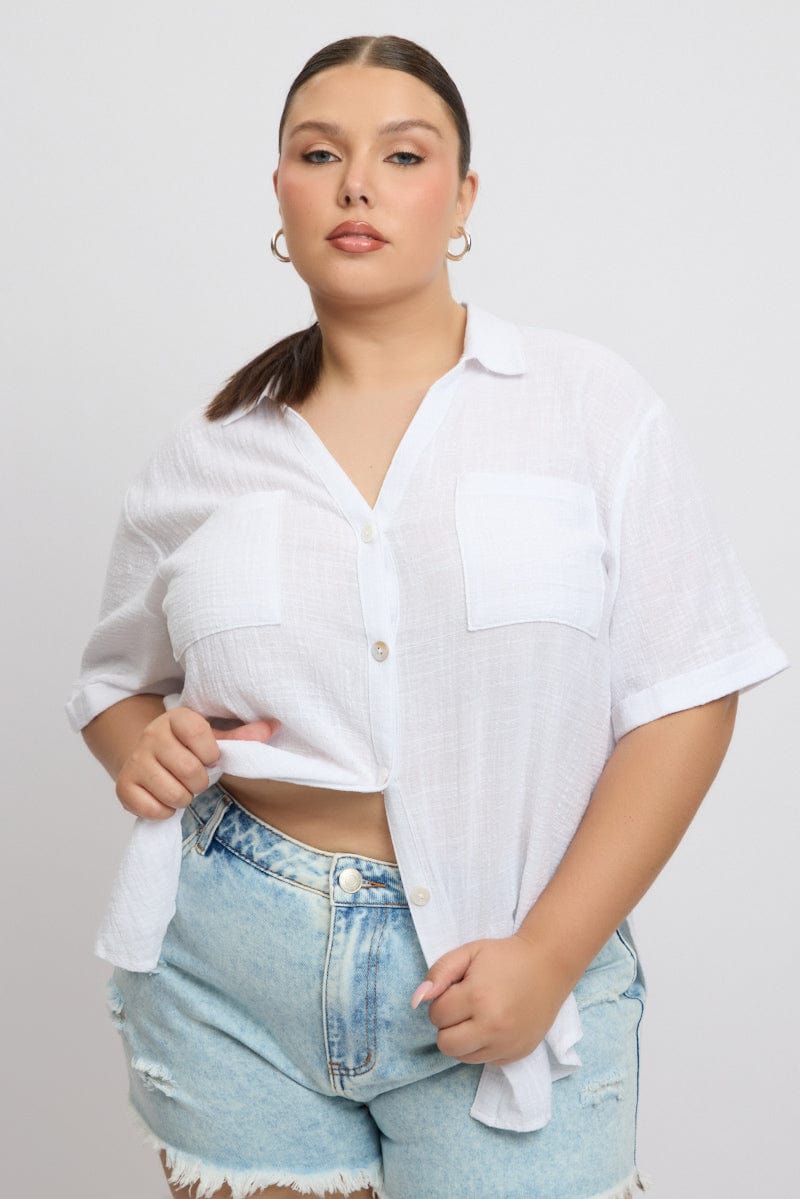 White Relaxed Shirt Short Sleeve Pocket for YouandAll Fashion