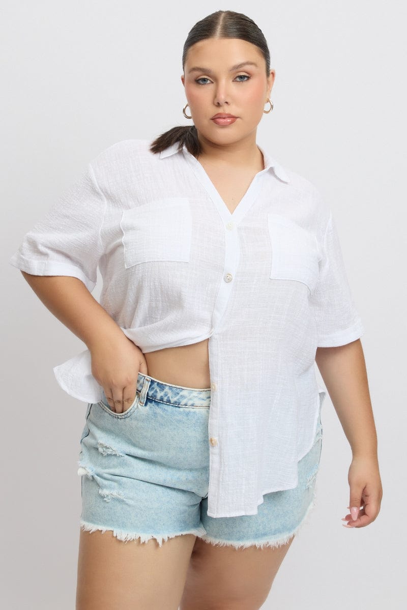 White Relaxed Shirt Short Sleeve Pocket for YouandAll Fashion