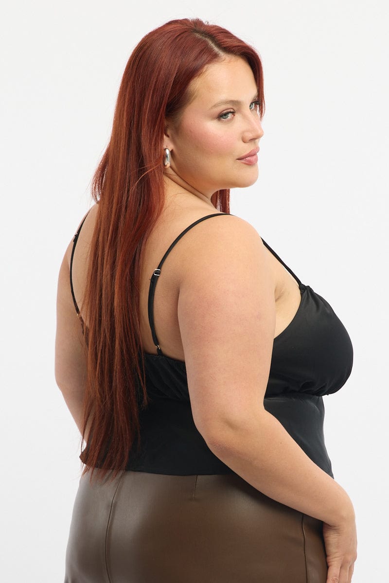 Black Satin Cami Top Ruched Bust for YouandAll Fashion
