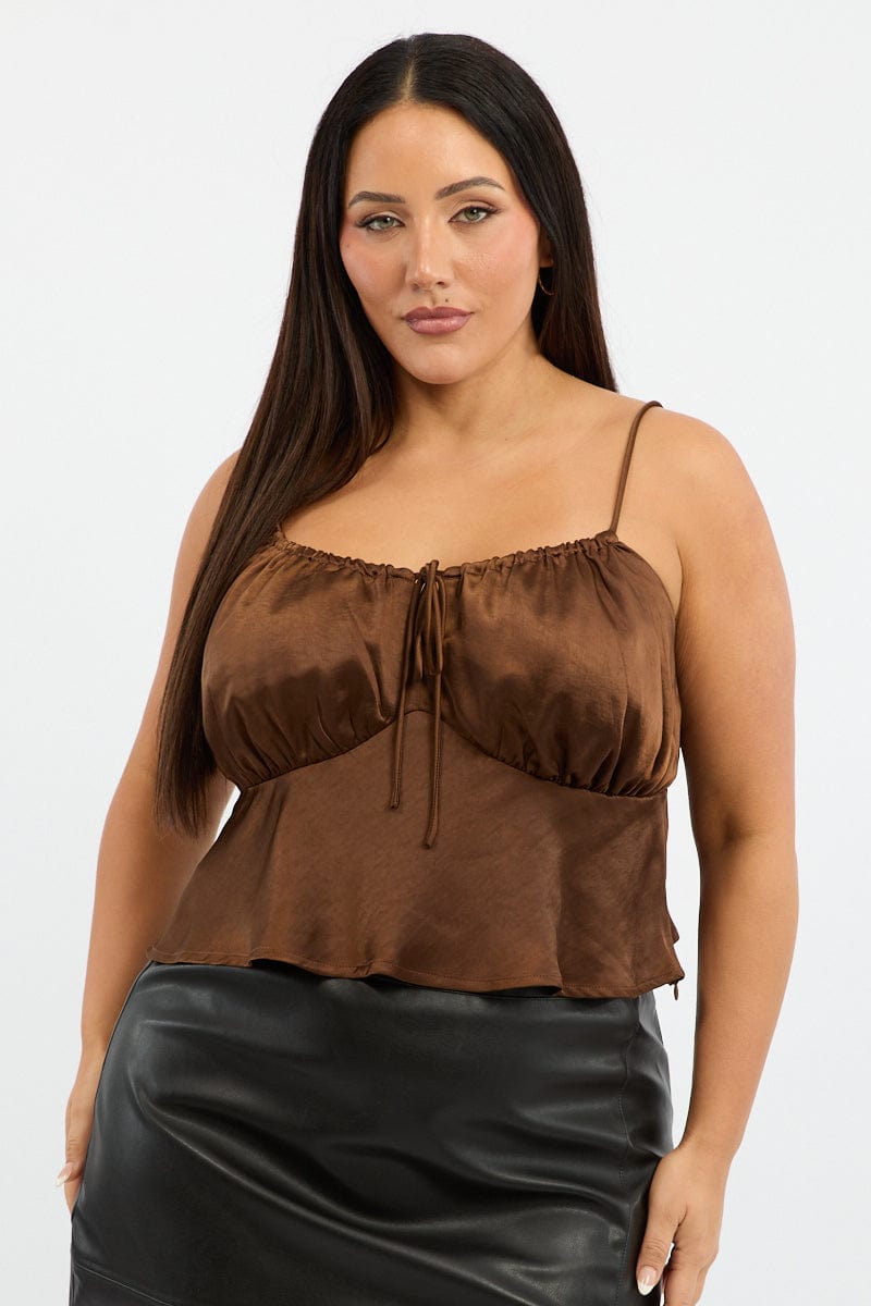 Brown Satin Cami Top Ruched Bust for YouandAll Fashion