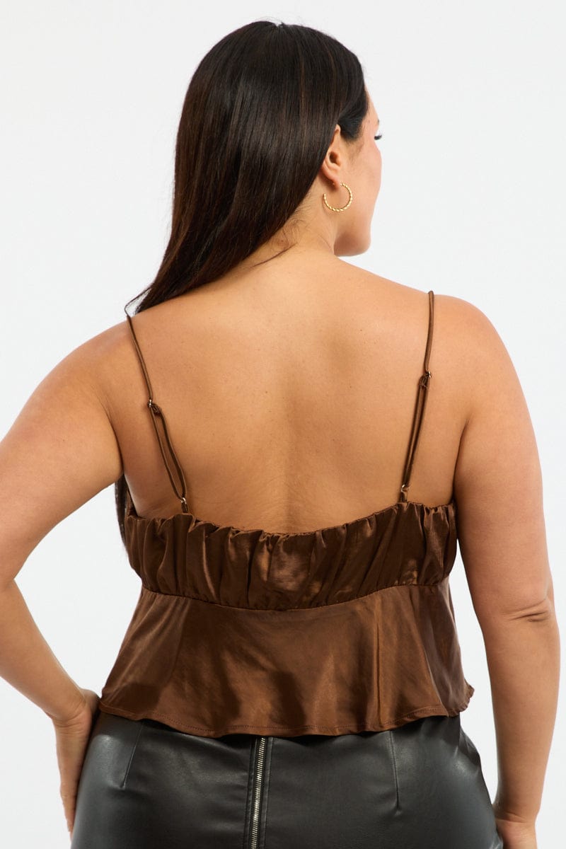 Brown Satin Cami Top Ruched Bust for YouandAll Fashion
