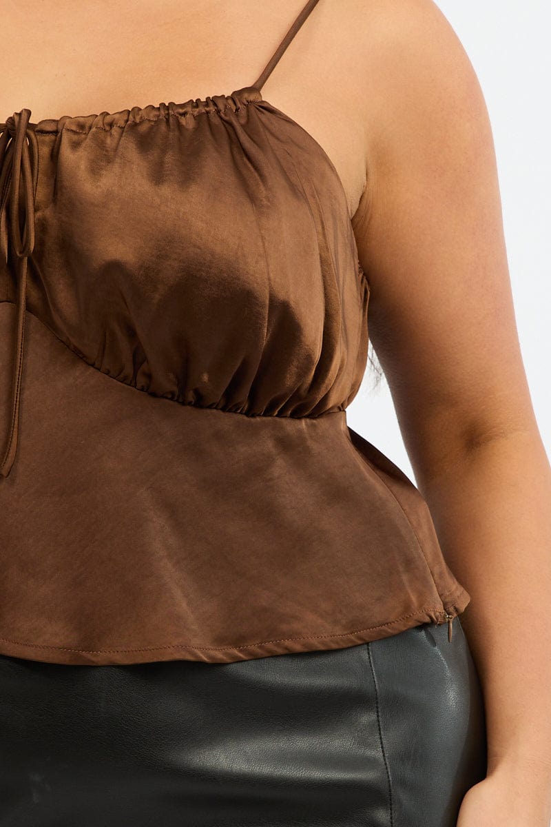 Brown Satin Cami Top Ruched Bust for YouandAll Fashion