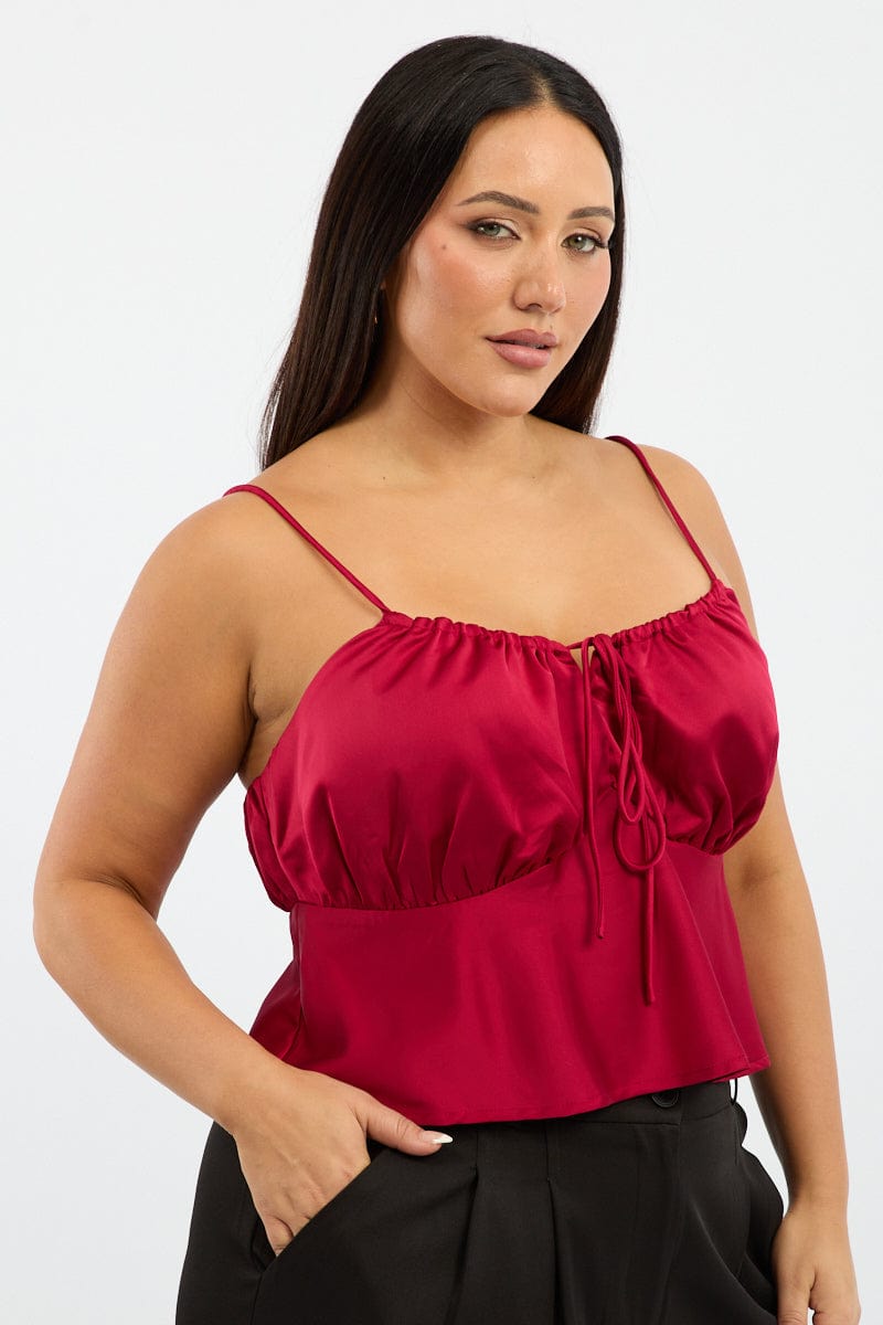 Red Satin Cami Top Ruched Bust for YouandAll Fashion