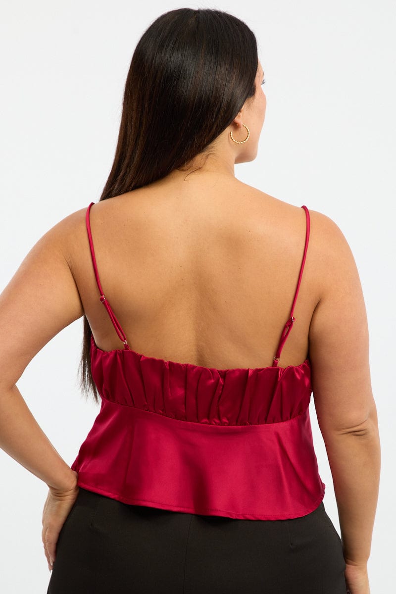 Red Satin Cami Top Ruched Bust for YouandAll Fashion