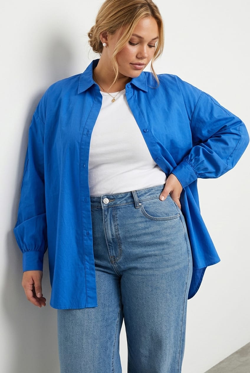 Blue Long Sleeve Oversized Cotton Shirt