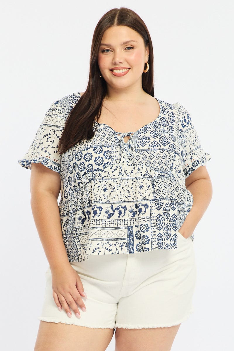 Blue Boho Smock Top Short Sleeve Linen Blend for YouandAll Fashion