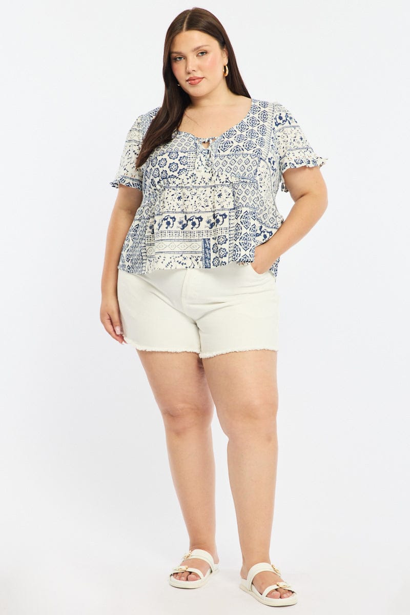 Blue Boho Smock Top Short Sleeve Linen Blend for YouandAll Fashion