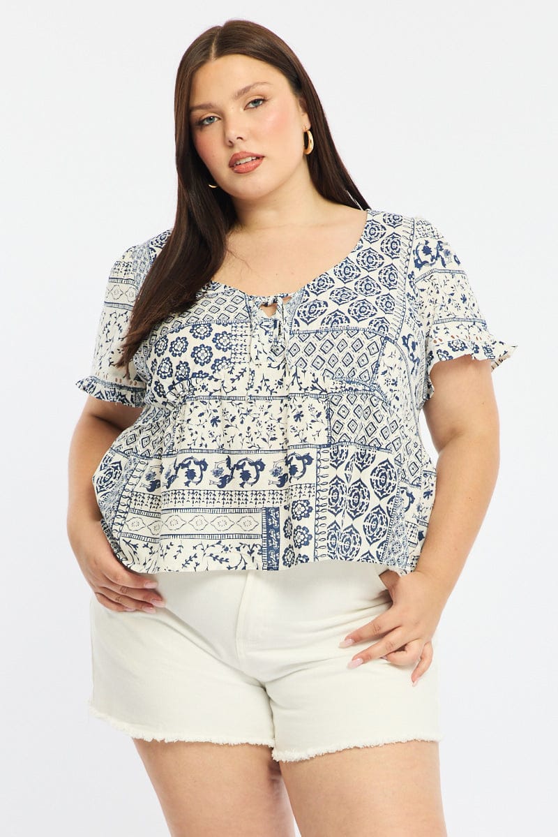 Blue Boho Smock Top Short Sleeve Linen Blend for YouandAll Fashion