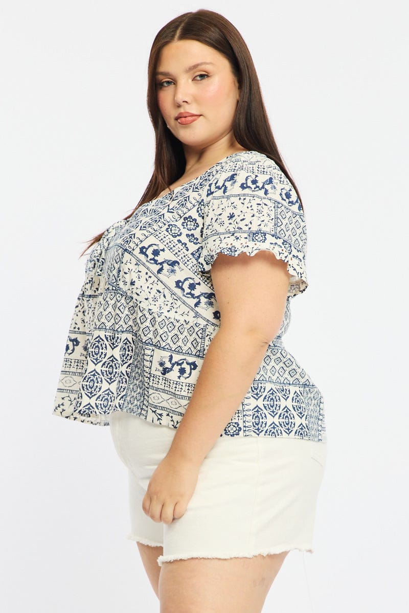 Blue Boho Smock Top Short Sleeve Linen Blend for YouandAll Fashion