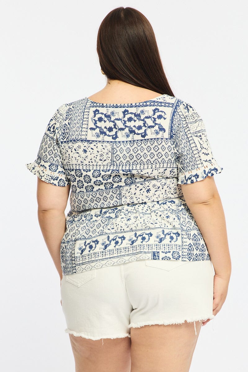 Blue Boho Smock Top Short Sleeve Linen Blend for YouandAll Fashion