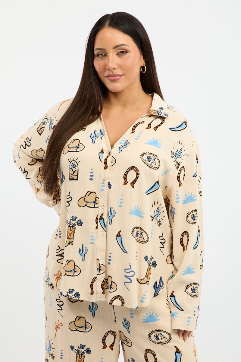 Beige Abstract Relaxed Shirt Long Sleeve Linen Blend for YouandAll Fashion