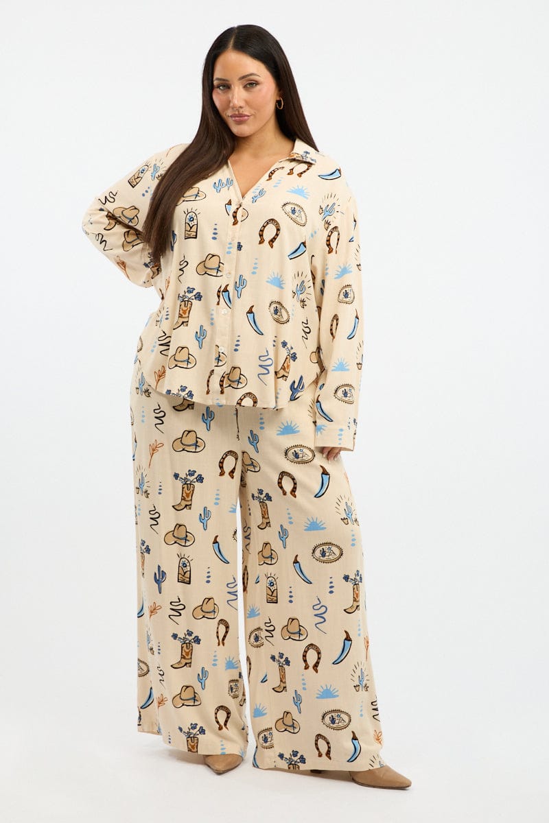 Beige Abstract Relaxed Shirt Long Sleeve Linen Blend for YouandAll Fashion