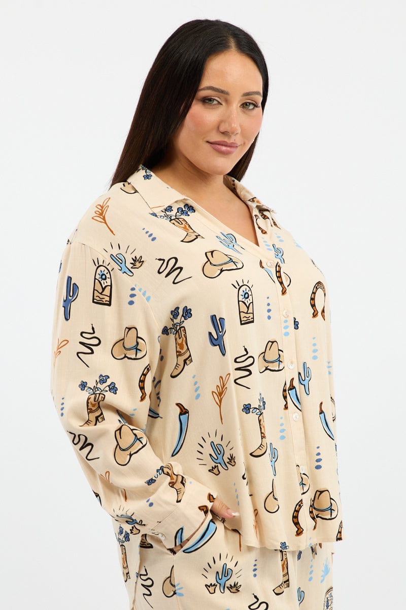 Beige Abstract Relaxed Shirt Long Sleeve Linen Blend for YouandAll Fashion