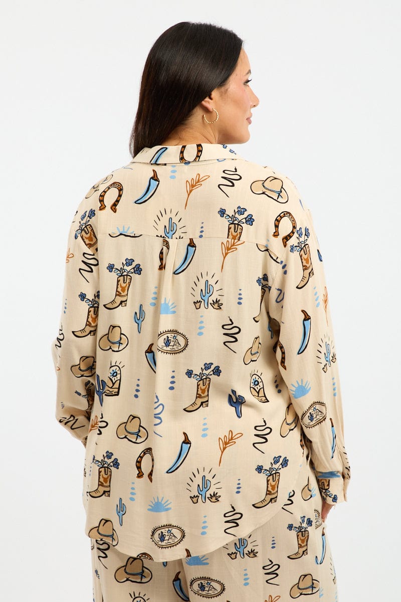 Beige Abstract Relaxed Shirt Long Sleeve Linen Blend for YouandAll Fashion