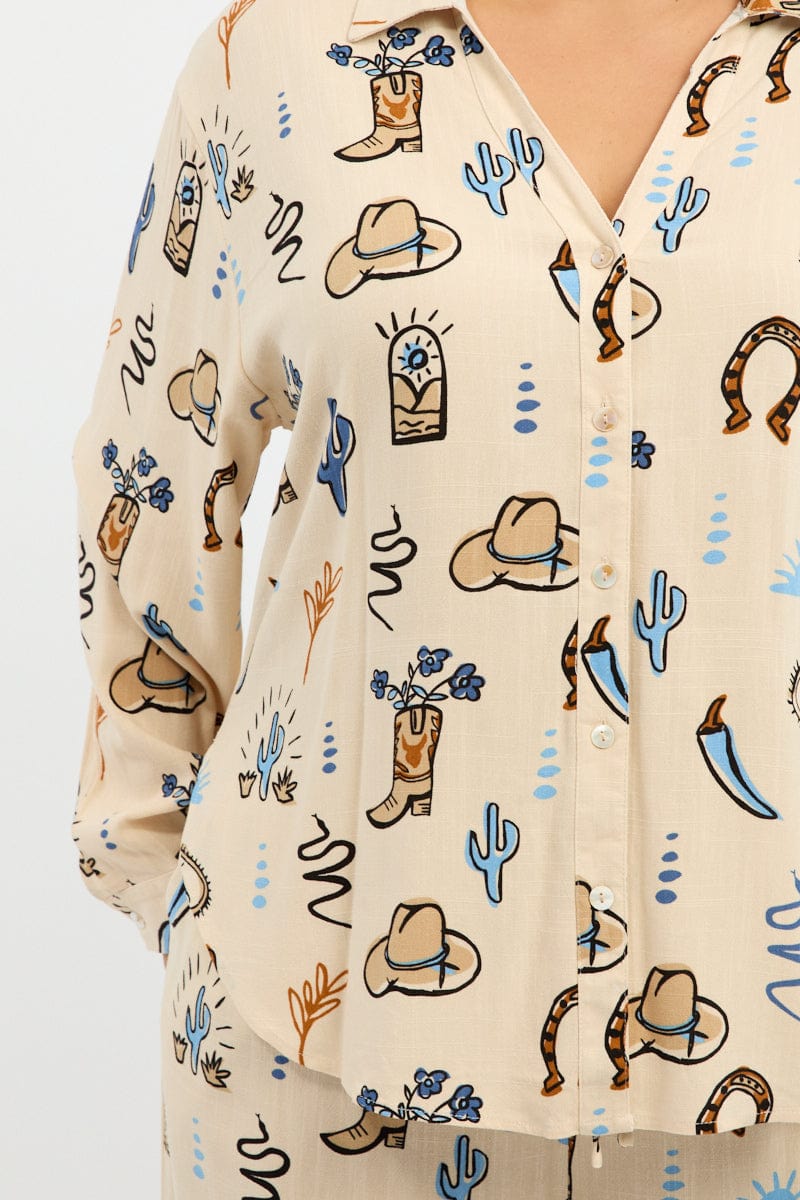 Beige Abstract Relaxed Shirt Long Sleeve Linen Blend for YouandAll Fashion