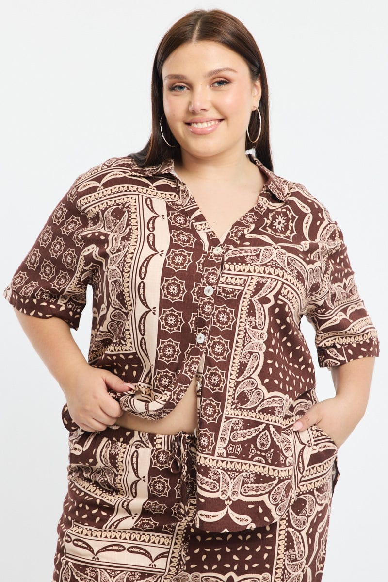 Brown Boho Relaxed Shirt Short Sleeve Linen Blend for YouandAll Fashion