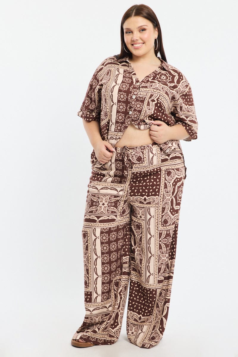 Brown Boho Relaxed Shirt Short Sleeve Linen Blend for YouandAll Fashion