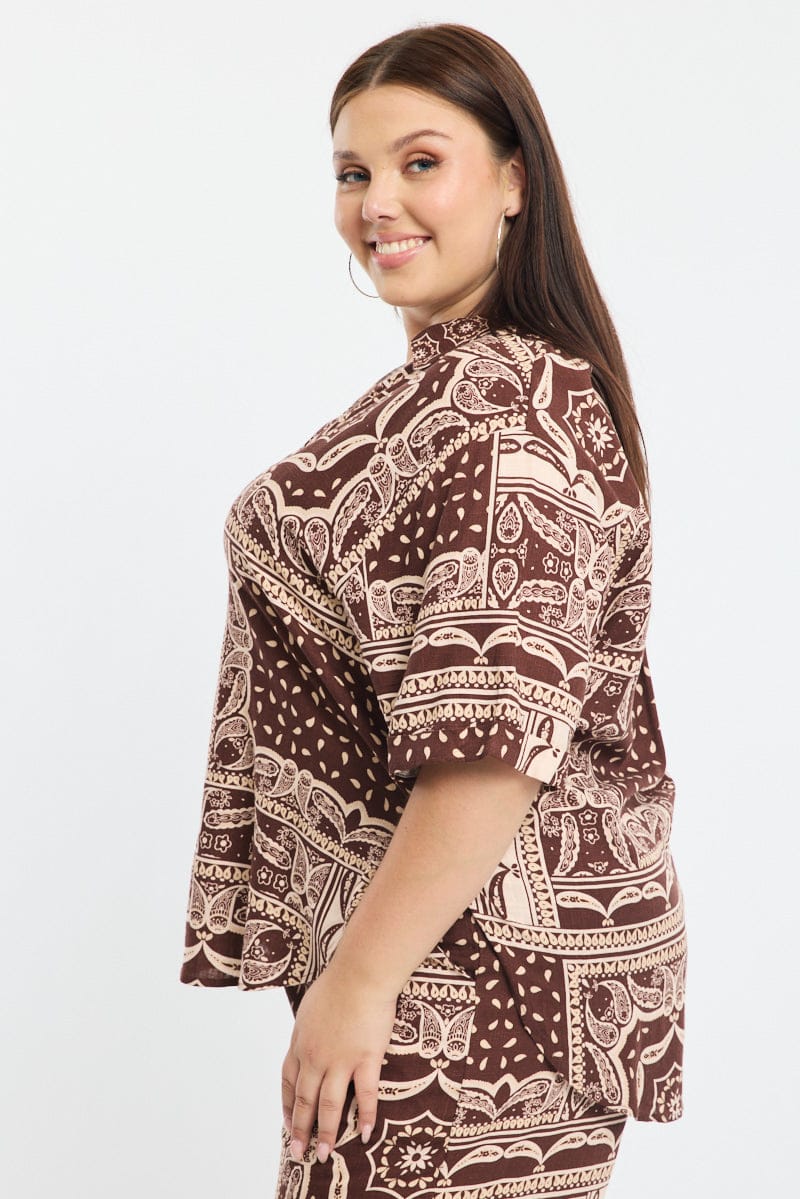 Brown Boho Relaxed Shirt Short Sleeve Linen Blend for YouandAll Fashion