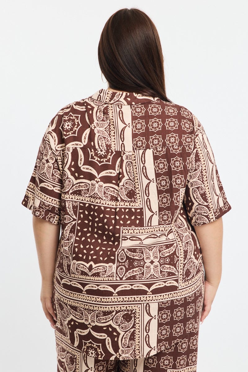 Brown Boho Relaxed Shirt Short Sleeve Linen Blend for YouandAll Fashion