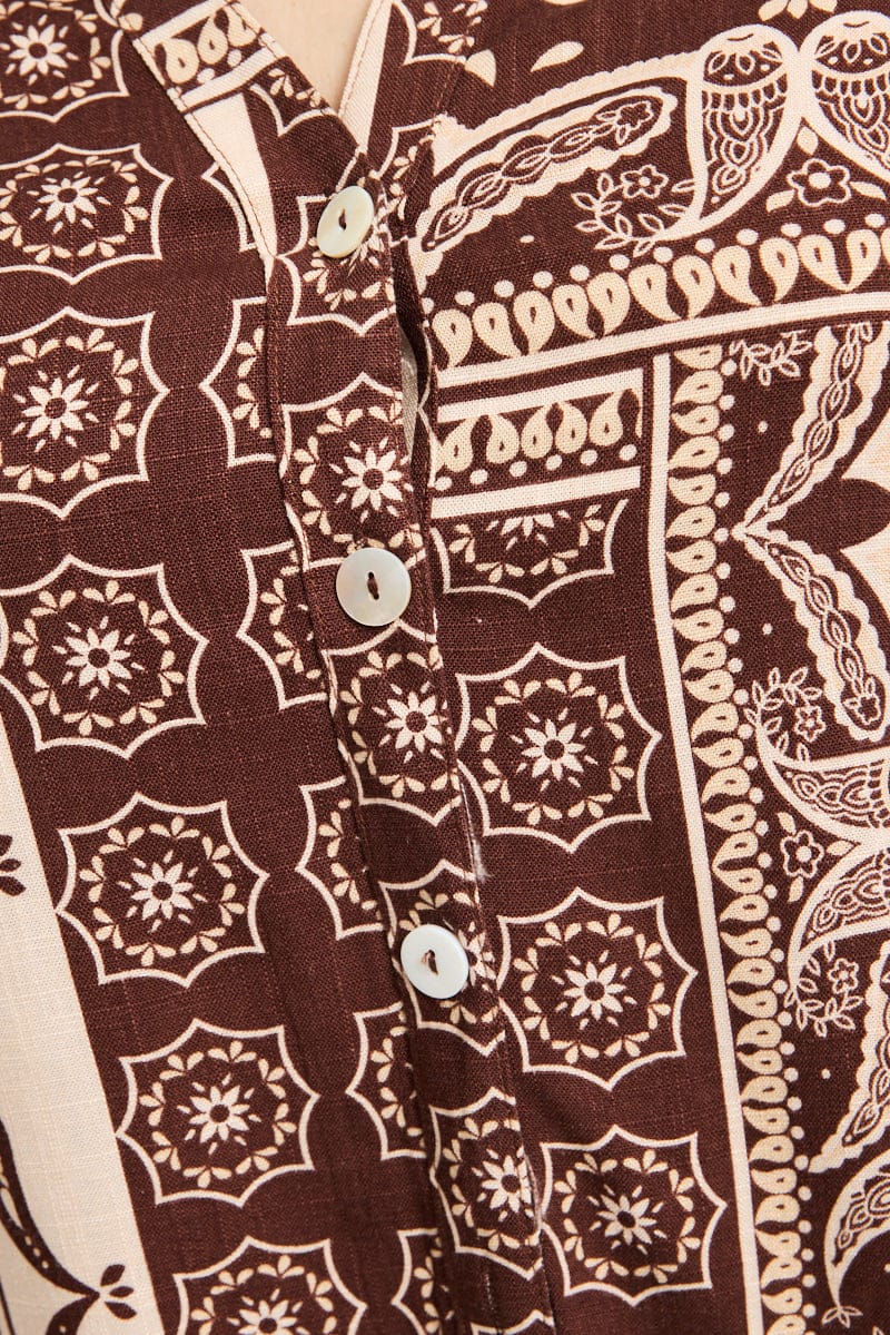 Brown Boho Relaxed Shirt Short Sleeve Linen Blend for YouandAll Fashion