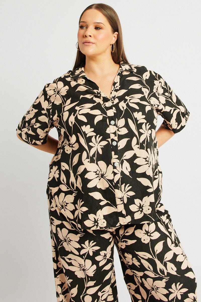 Black Floral Relaxed Shirt Short Sleeve Linen Blend for YouandAll Fashion