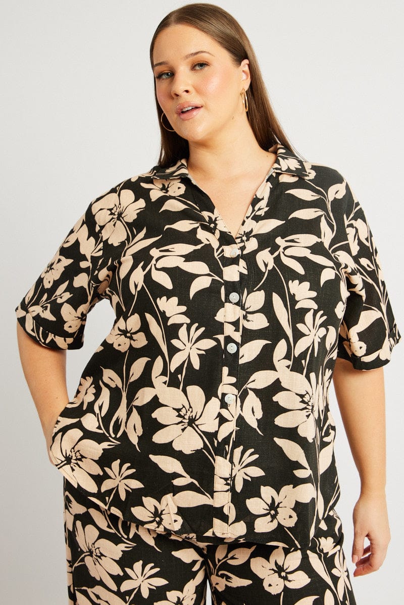 Black Floral Relaxed Shirt Short Sleeve Linen Blend for YouandAll Fashion