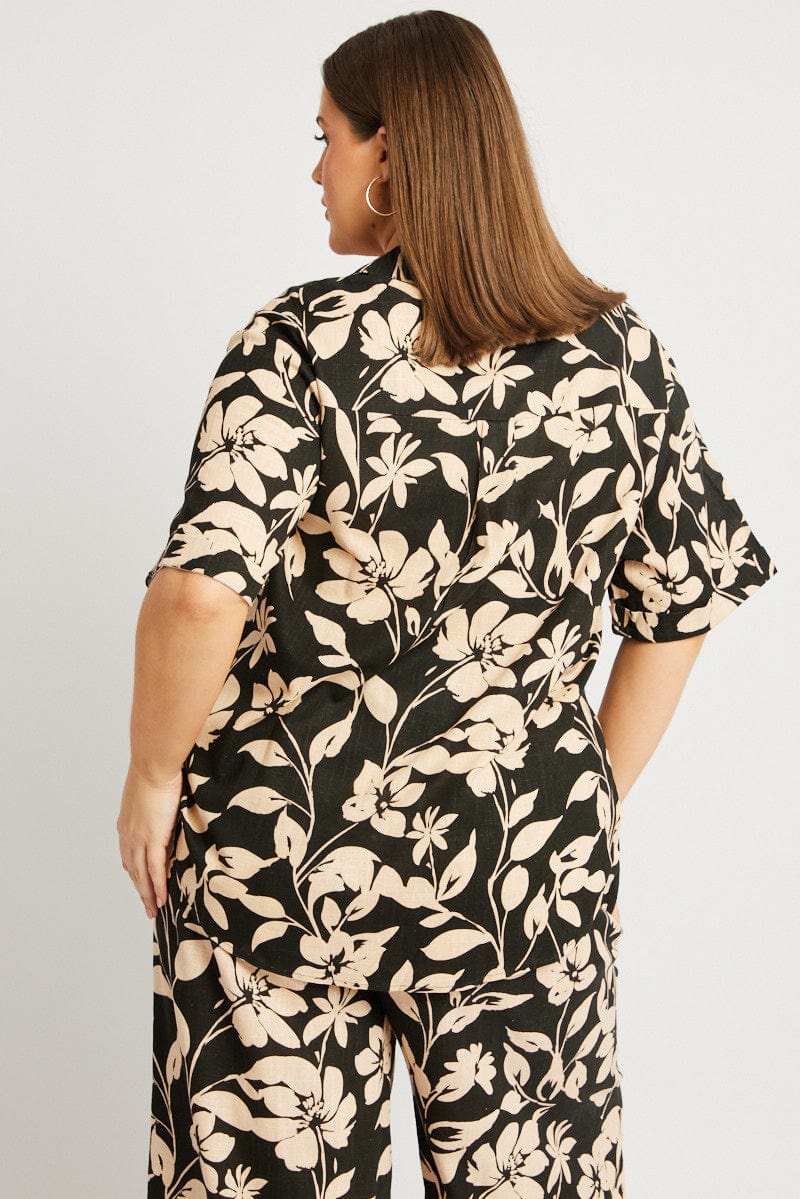 Black Floral Relaxed Shirt Short Sleeve Linen Blend for YouandAll Fashion