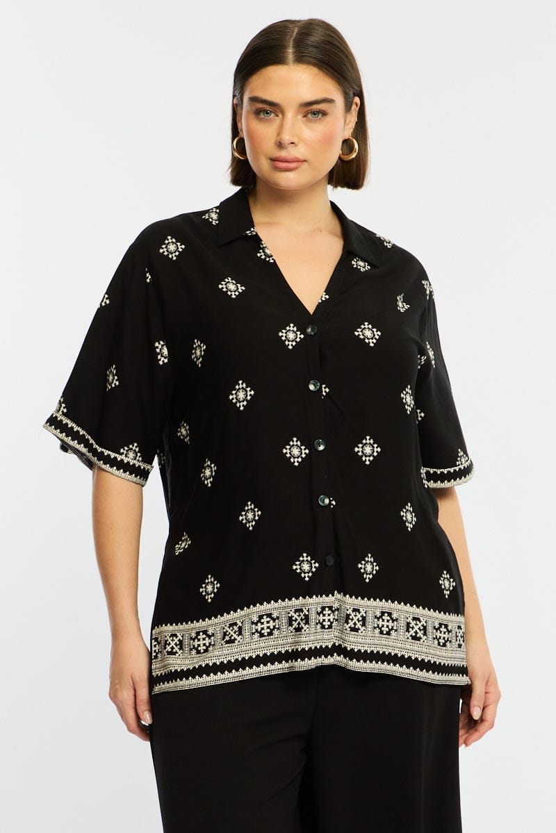 Black Boho Relaxed Shirt Short Sleeve for YouandAll Fashion
