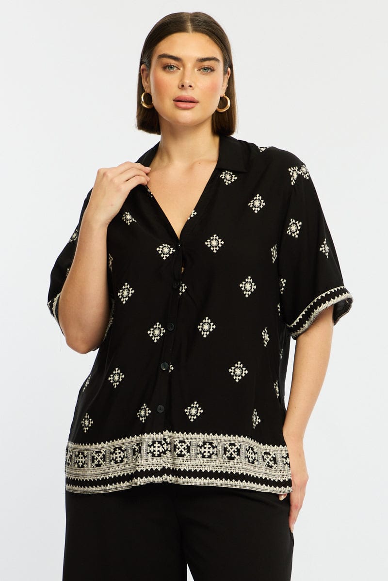Black Boho Relaxed Shirt Short Sleeve for YouandAll Fashion