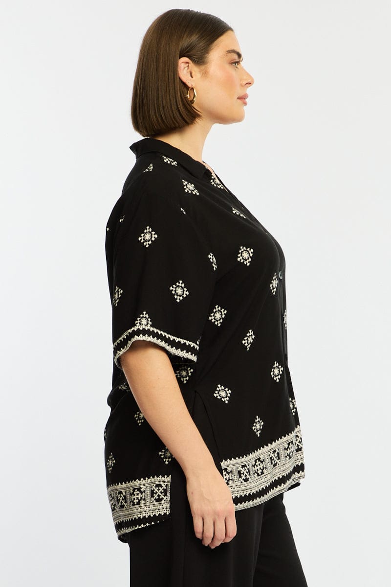 Black Boho Relaxed Shirt Short Sleeve for YouandAll Fashion