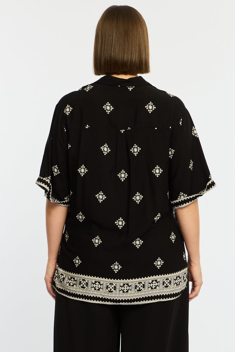 Black Boho Relaxed Shirt Short Sleeve for YouandAll Fashion