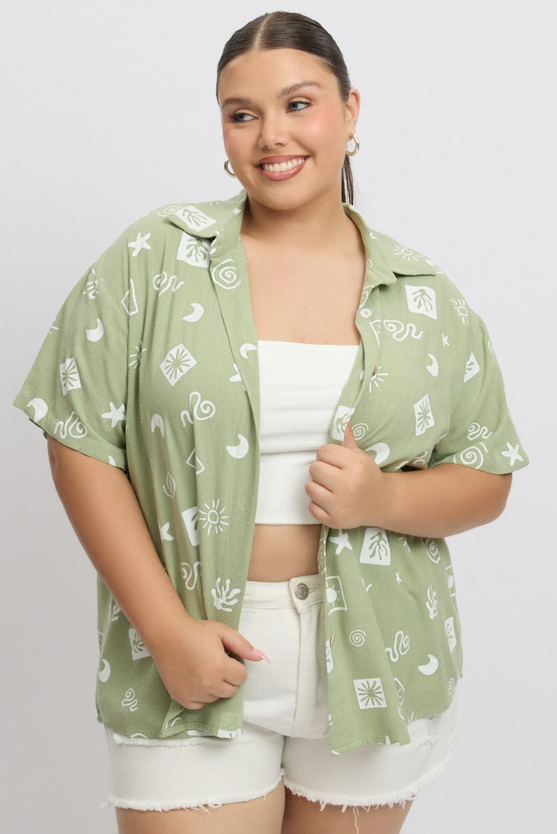 Green Abstract Relaxed Shirt Short Sleeve Linen Blend for YouandAll Fashion