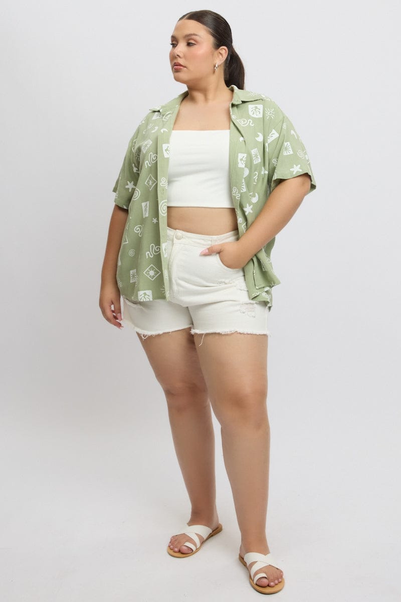 Green Abstract Relaxed Shirt Short Sleeve Linen Blend for YouandAll Fashion