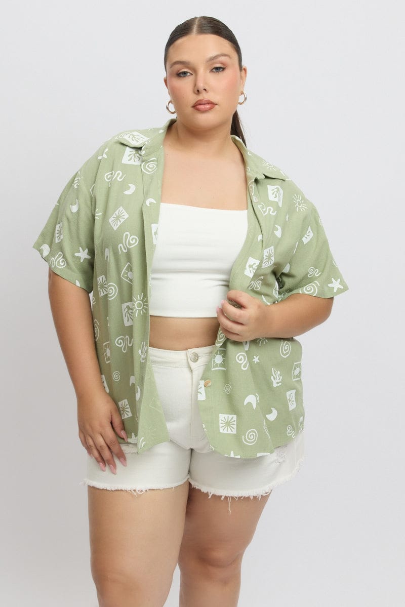 Green Abstract Relaxed Shirt Short Sleeve Linen Blend for YouandAll Fashion