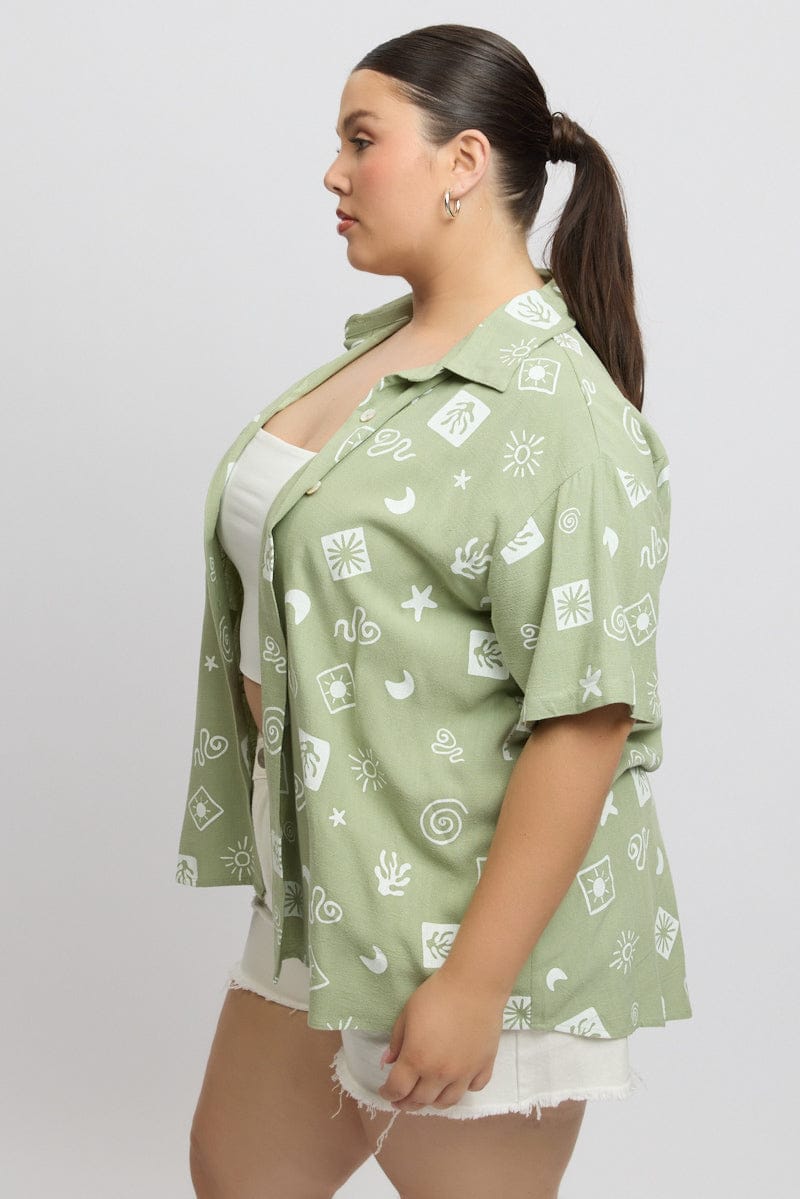 Green Abstract Relaxed Shirt Short Sleeve Linen Blend for YouandAll Fashion