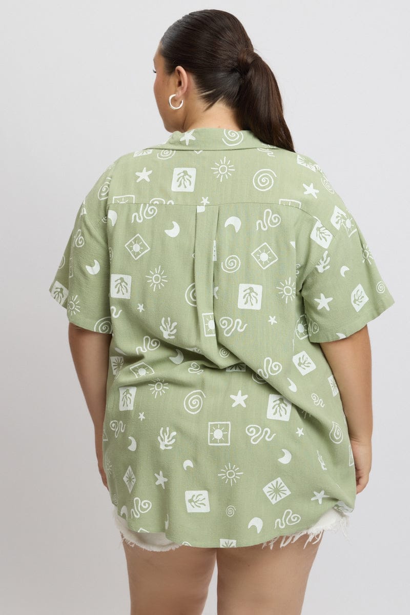 Green Abstract Relaxed Shirt Short Sleeve Linen Blend for YouandAll Fashion