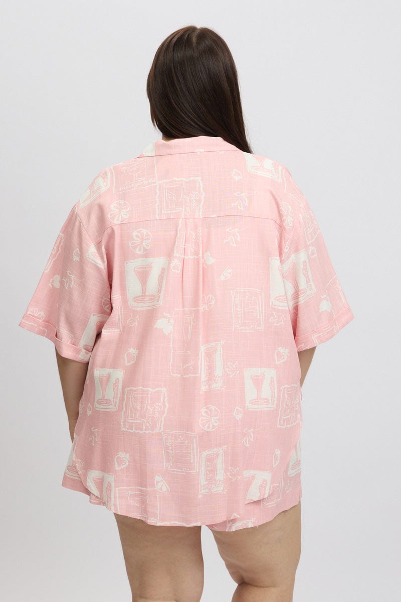 Pink Abstract Relaxed Shirt Short Sleeve Linen Blend for YouandAll Fashion